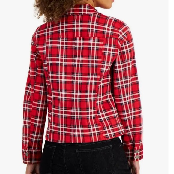 NWT 79.50 Macys Charter Club Red Tartan Plaid Denim Jacket size Small - Picture 3 of 9
